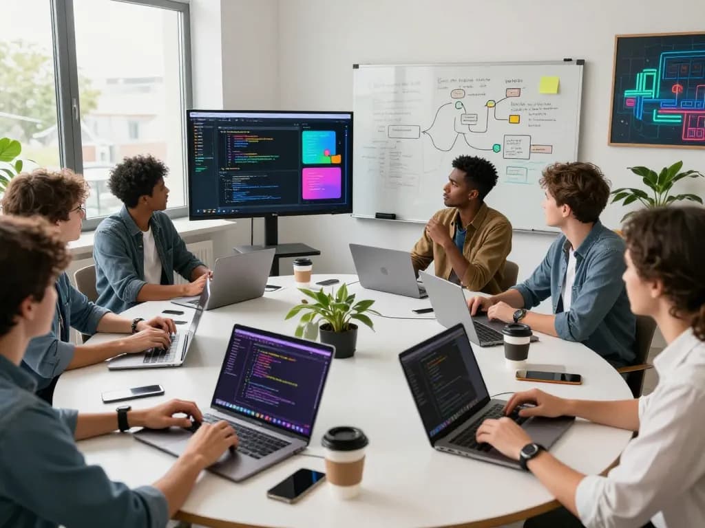Techsslaash team collaborating in a vibrant workspace with code displays and brainstorming sessions.