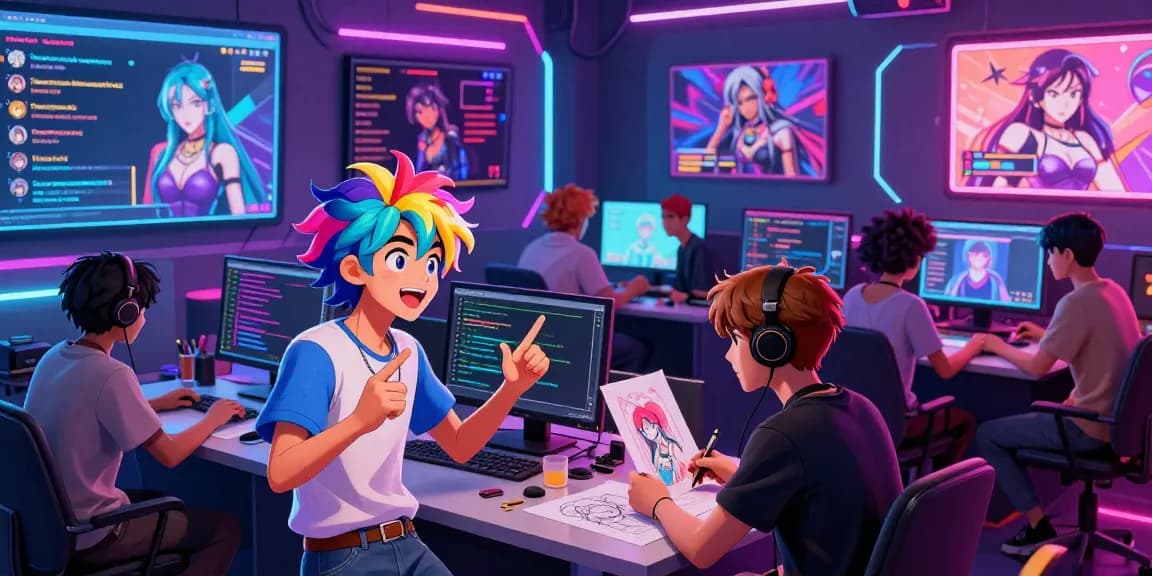 Engaging hentai ai chat scene with diverse anime characters interacting in a vibrant virtual space, showcasing creativity and connection.