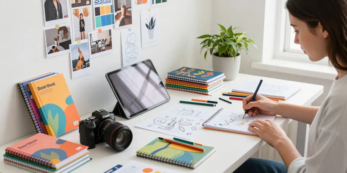A designer creating custom printed notebooks in a vibrant workspace filled with color and creativity