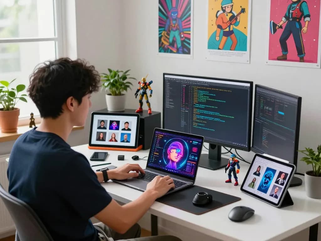 Mind control AI workspace with innovative video creation tools and vibrant art.