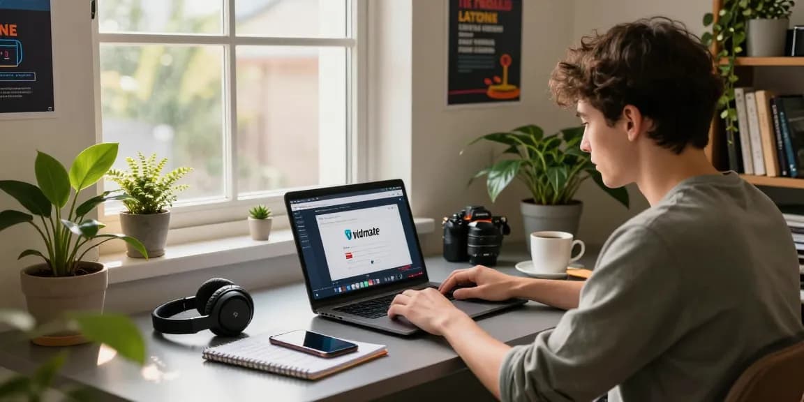 Young adult using Vidmate APK in a vibrant home office, showcasing a laptop, headphones, and a creative atmosphere.