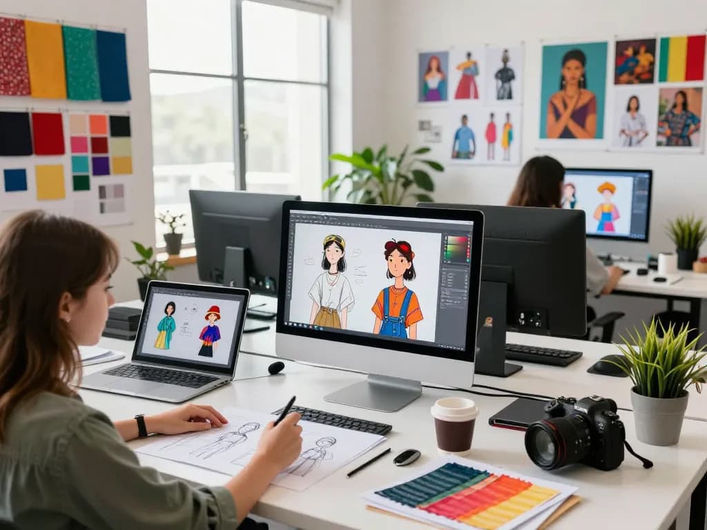 Creative fashion designer sketching AI slut character concepts in vibrant digital art studio