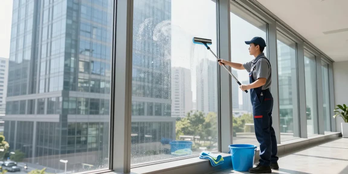 Professional glasreinigung preis service in action with technician cleaning windows.