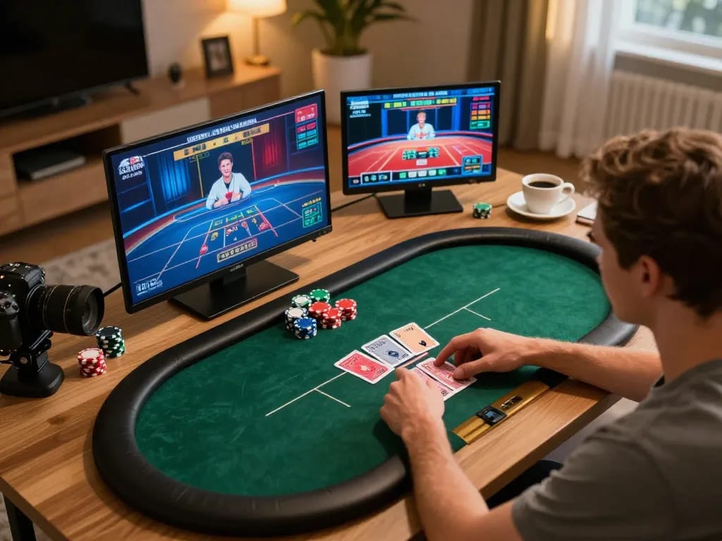 Online poker gameplay on RR88 tablet, showcasing strategic betting with poker chips and cards.