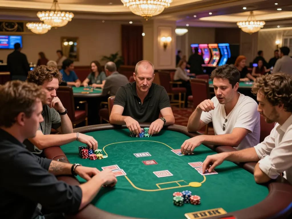 Trò chơi poker hấp dẫn với người chơi đang chiến lược bước đi tiếp theo tại một sòng bạc cao cấp, Link 12bet nâng cao trải nghiệm.