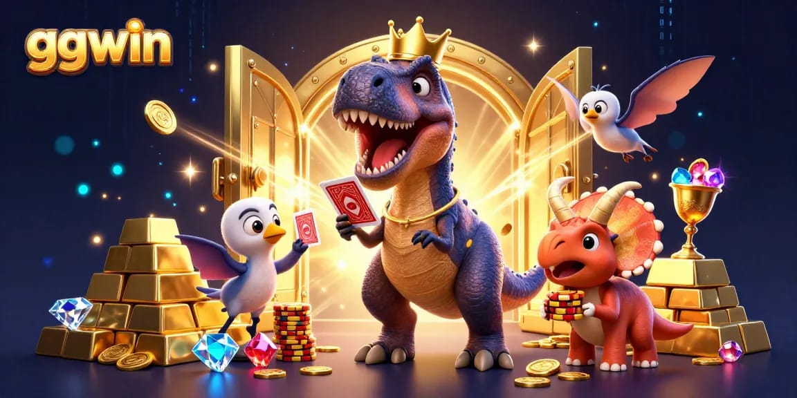 ggwin showcases a colorful casino scene with characters engaging in card games and stacking chips.