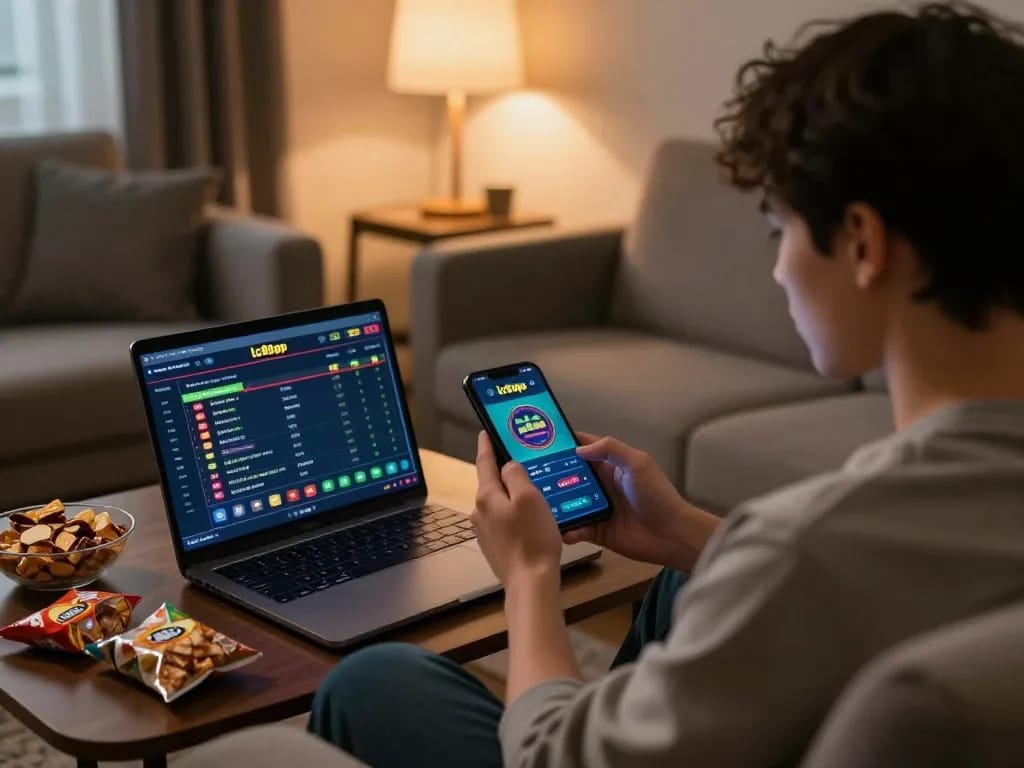 Engaging with lc88app through a smartphone while enjoying a cozy home gaming experience.