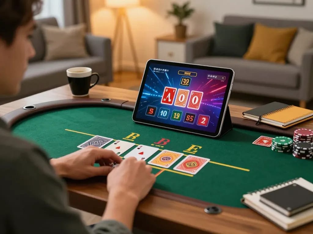 Player enjoying a blackjack game on LV88 tablet at home, blending strategy and enjoyment.