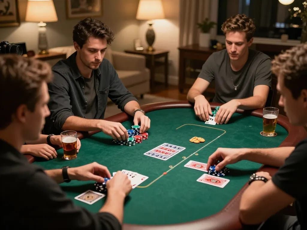 Players engaging in a friendly poker game at home, enjoying icm88 strategies with stacks of chips visible.