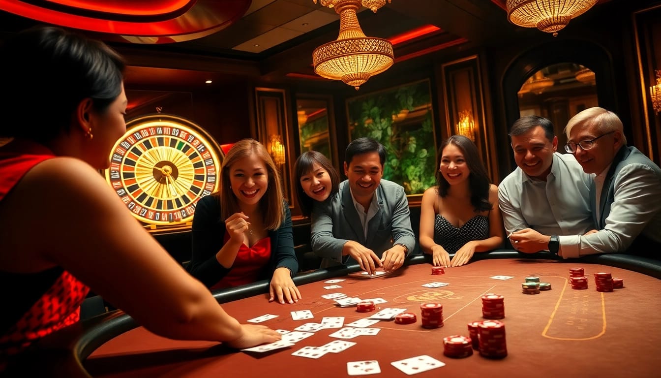 Exciting gambling scene showcasing Trang chủ 888VND with poker players, colorful chips, and a roulette wheel.