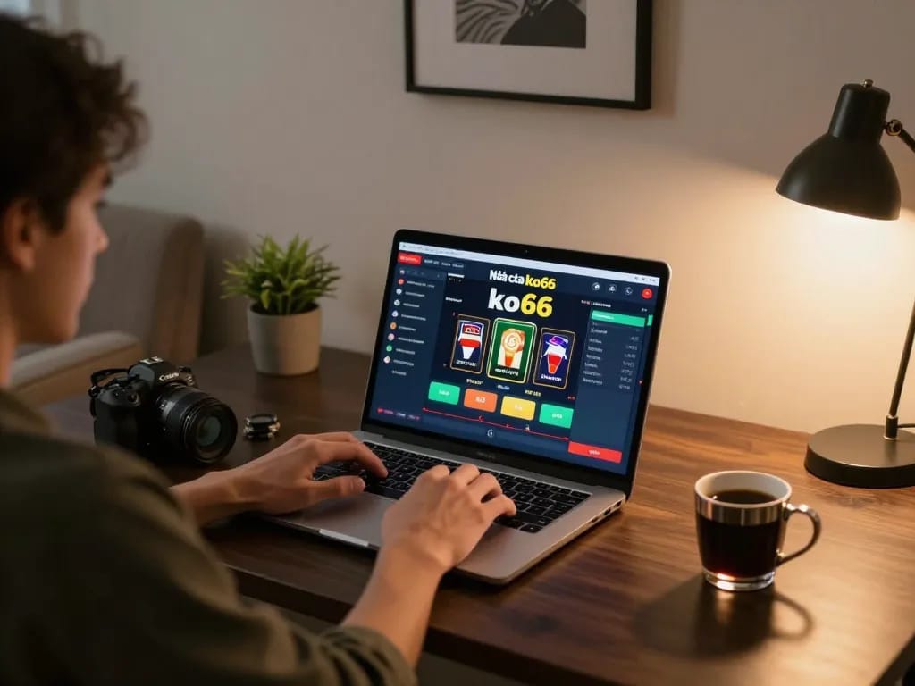 Engaging with the Nhà cái ko66 online casino through a stylish home gaming setup, showcasing responsible gambling.