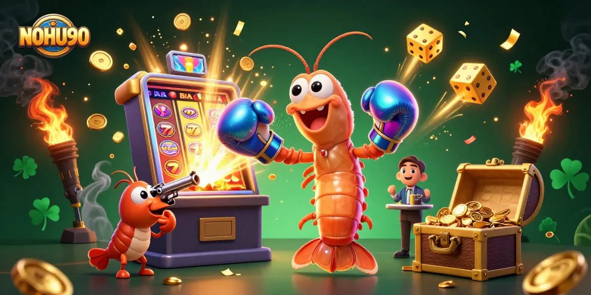Experience the thrill of NOHU90 with vibrant 3D casino characters amidst a jackpot explosion of gold.