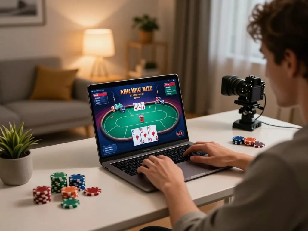Player engaging in online poker on laptop as part of 88xeng gaming experience