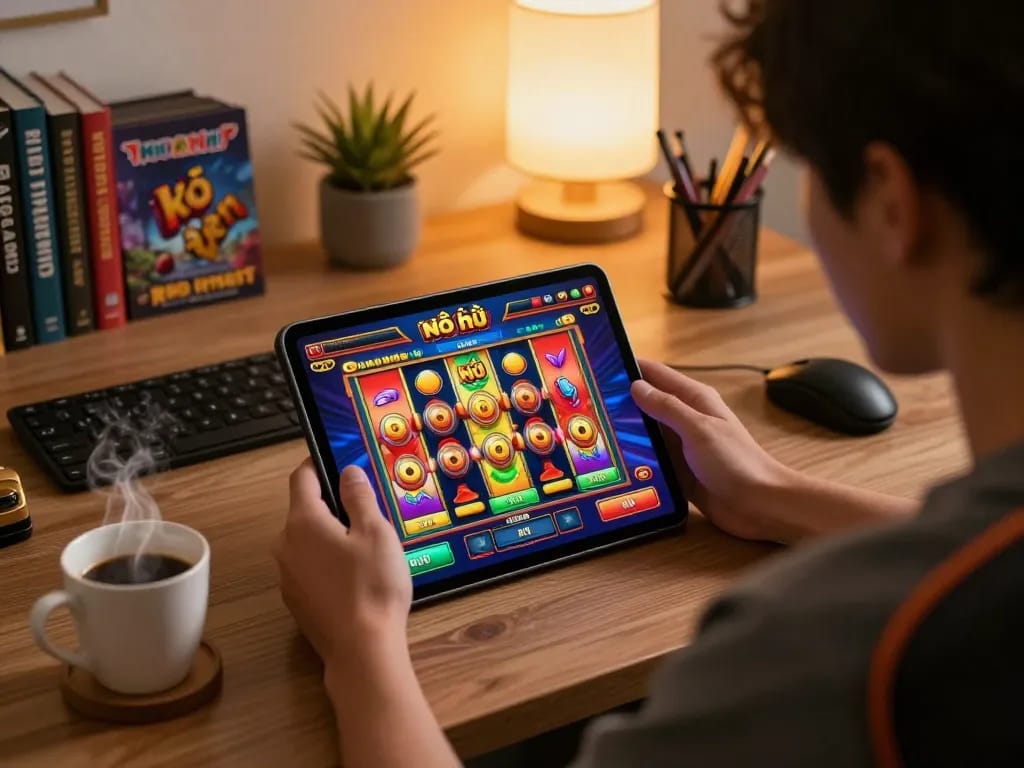 Nổ hũ online slot game in action on tablet, highlighting vibrant graphics in a cozy home workspace