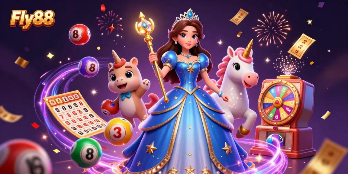 Engage in the magical world of Fly88 with vibrant lottery elements and a royal character.