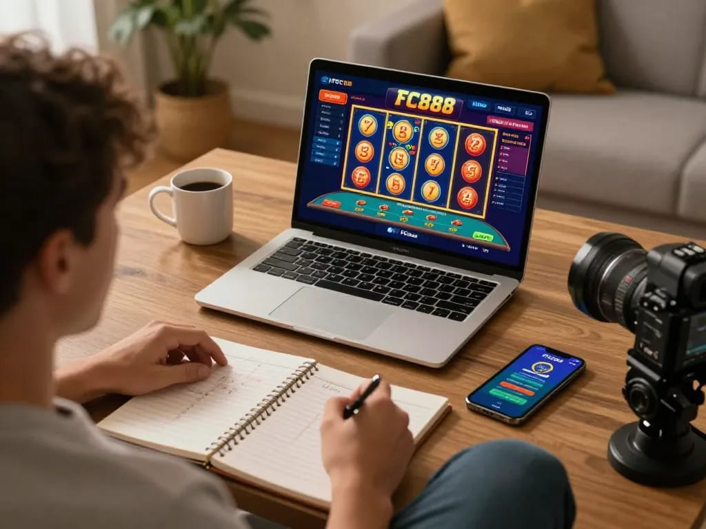 Player experiencing online gambling at FC88 with laptop and smartphone, showcasing strategic atmosphere.