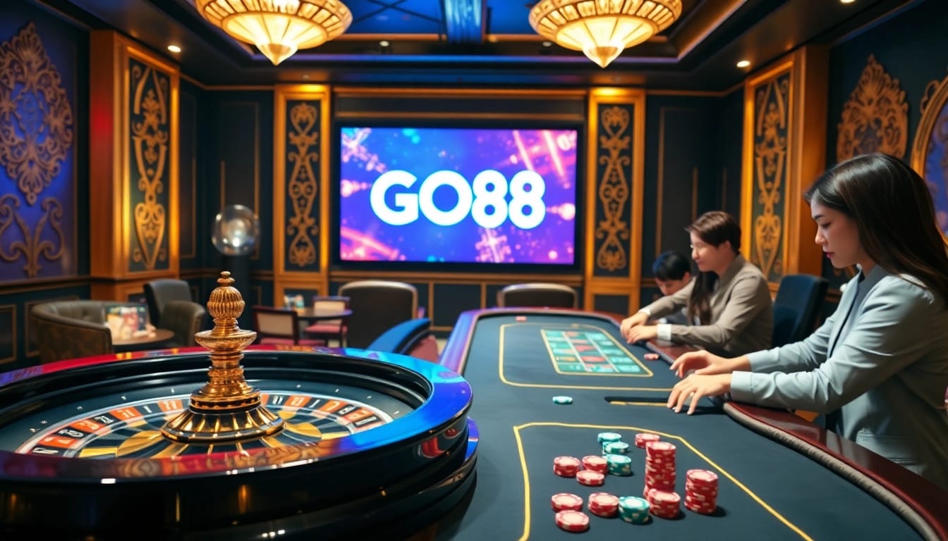 Exciting GO88 casino scene featuring poker games, roulette, and vibrant decor for gamblers.
