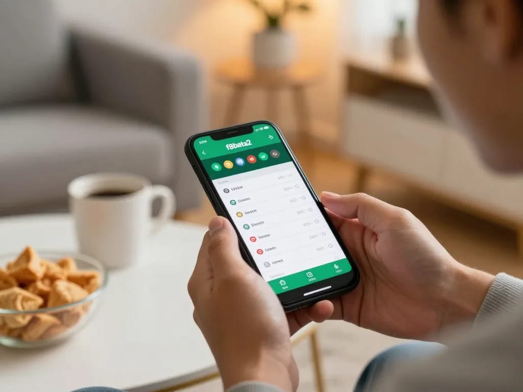 Betting on f8beta2 app at home with a smartphone and focused atmosphere.