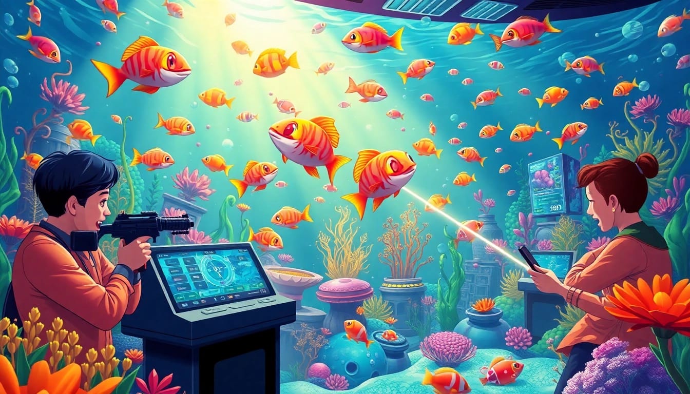 Engaging scene of bắn cá đổi thưởng online, featuring vibrant 3D underwater gameplay with excited players.