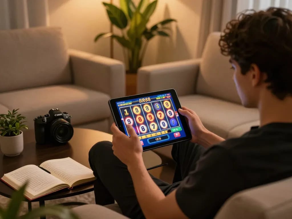Experience the thrill of winning with RR88 during a home gaming session, showcasing engaging slot gameplay on a tablet.