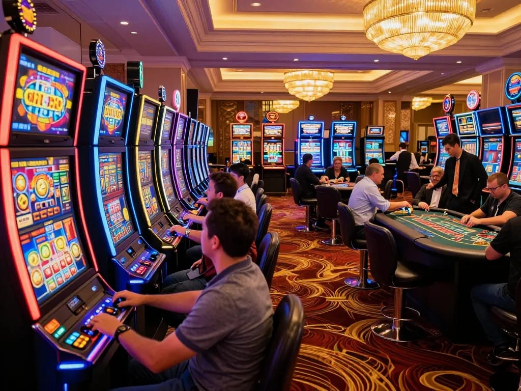 Players enjoying slots at Red 88 casino, expressing excitement in a vibrant, lively atmosphere.