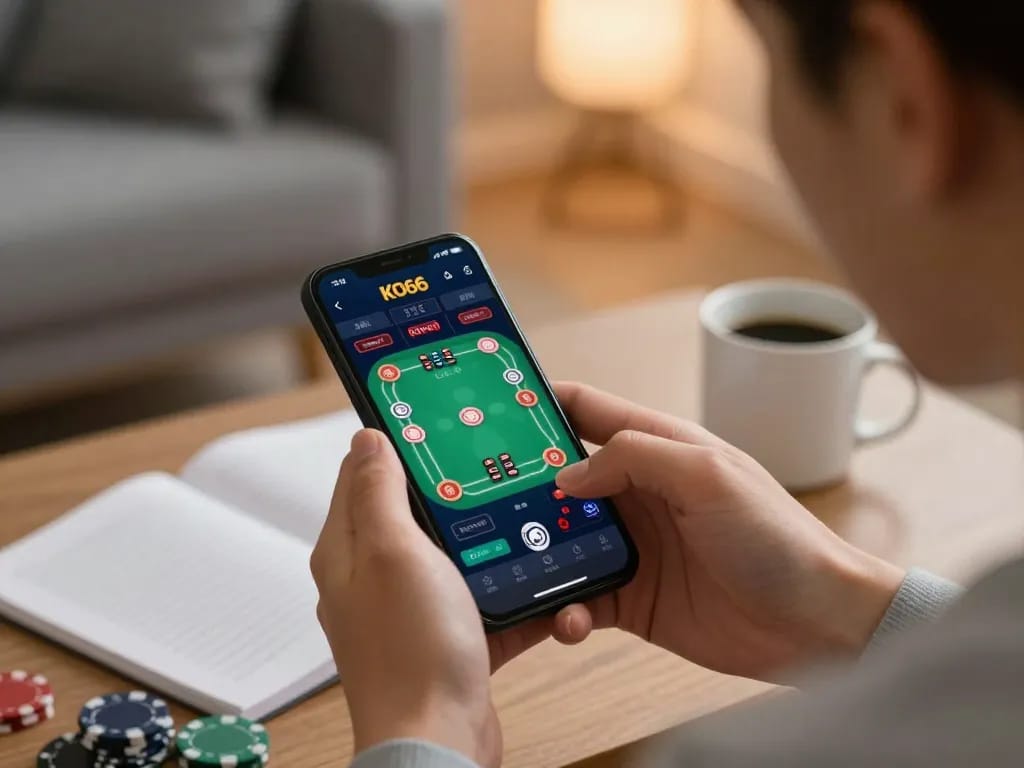 Người chơi tương tác với ứng dụng KO66 trên điện thoại thông minh để trải nghiệm cờ bạc tương tác.