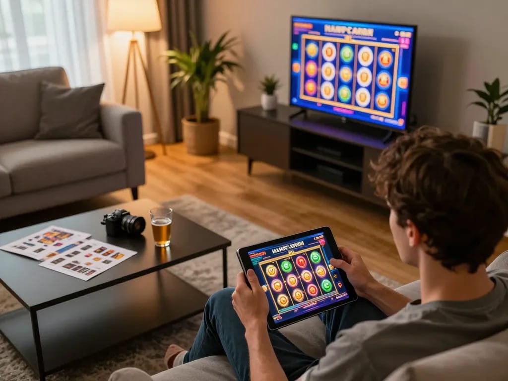 Player engaging with casino fly88 on tablet, showcasing thrilling online slot game experience in cozy home setting