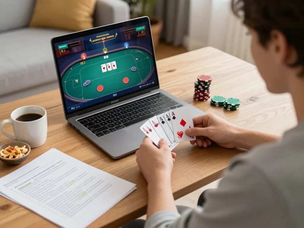 Player strategizing in an online poker game on 789win. com with a cozy setup.