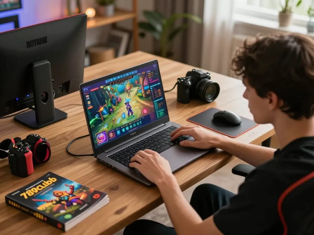 Engaging in 789clubb gameplay on laptop, showcasing strategy and excitement.