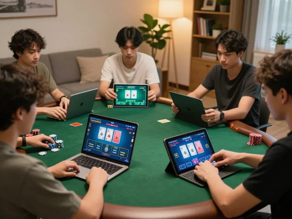 Players enjoying gem88 online poker, strategically betting from home environment.