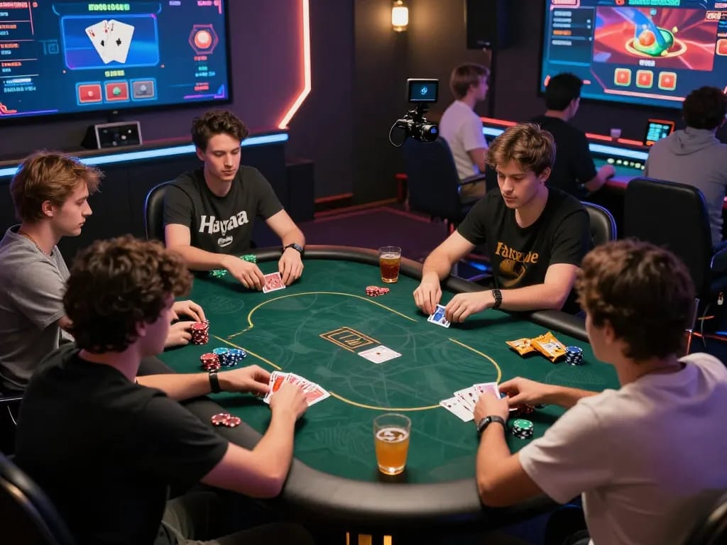 Players engaging in a thrilling online poker game at Nhà cái Luck8 with a vibrant digital interface.