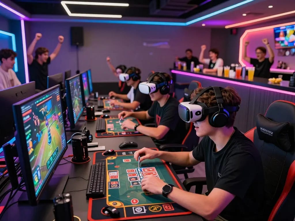 Exciting gaming lounge scene with players enjoying rik vip and modern gaming technology, creating a vibrant atmosphere.