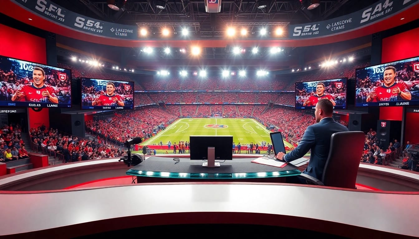 Engaging scene of Sports Broadcasting with a commentator presenting live events and vibrant crowd.