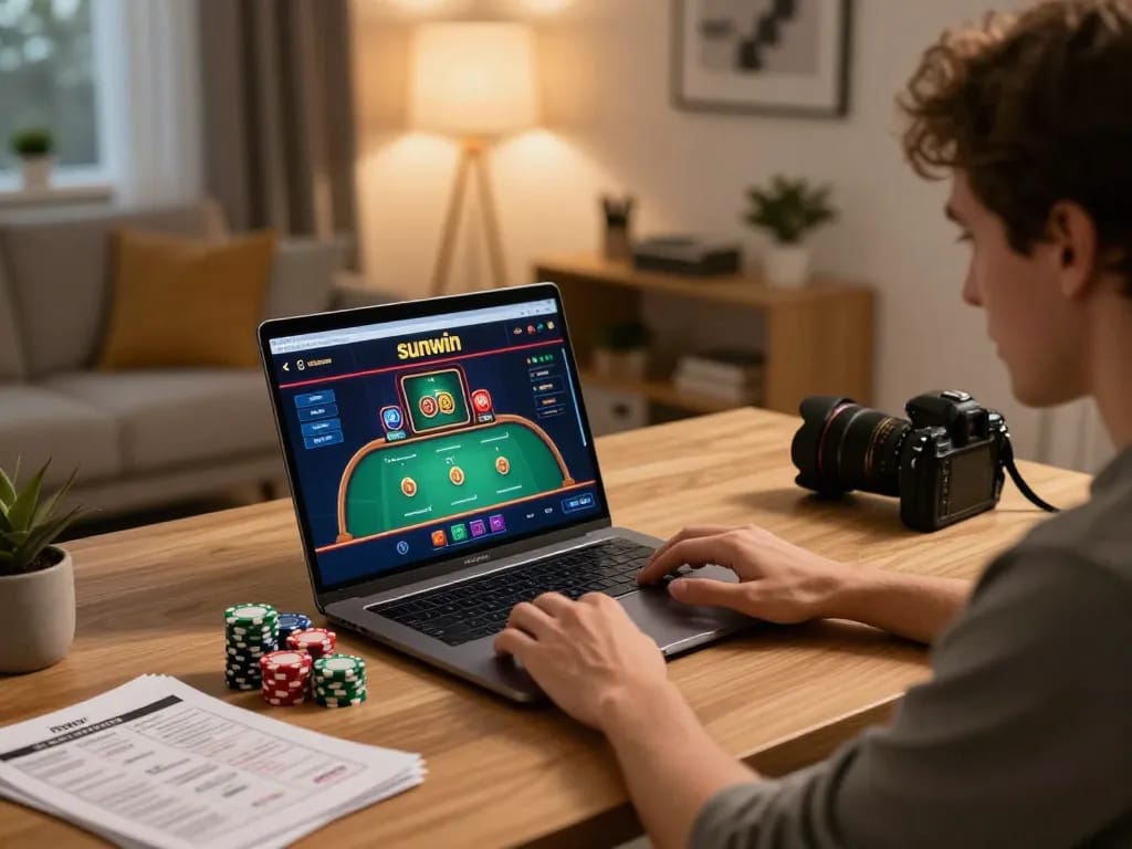Engaging in sunwin online gaming with laptop in a cozy setup, showcasing strategic play and responsible gambling