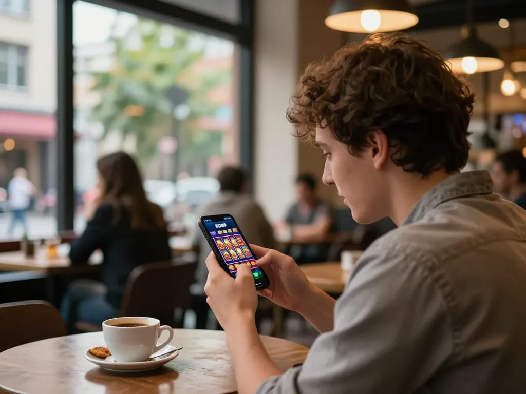 Engaging player enjoying EQ9 mobile casino app with spinning slots at a café table.