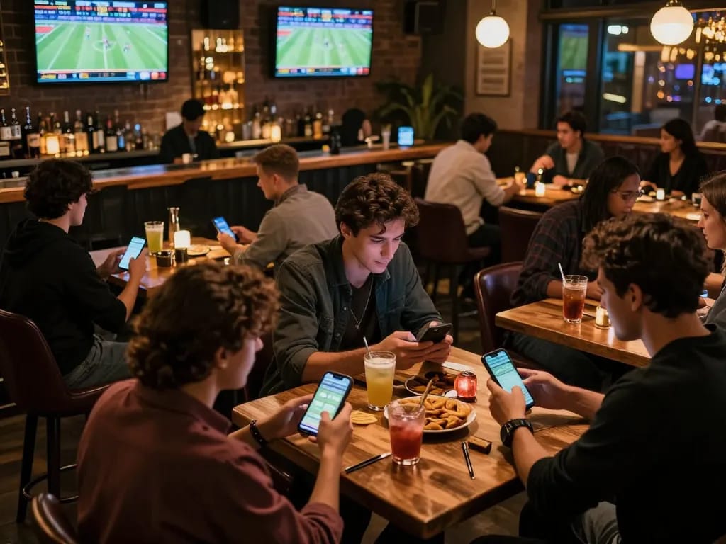 Watch friends engaging in sports betting action at a lively bar while using manclub apps to maximize their gaming strategies.