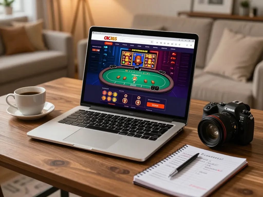 Engaging scene of online gambling at ok365.br.com with a cozy home setup and poker interface.