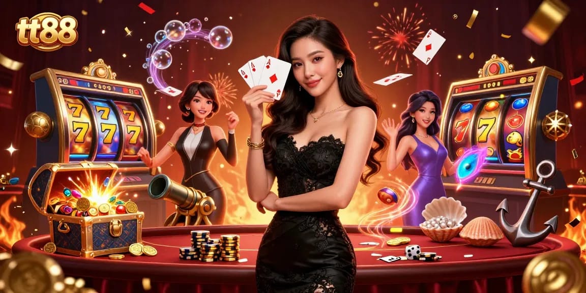 Win big at tt88 with a glamorous Asian woman showcasing her cards in a vibrant casino scene.