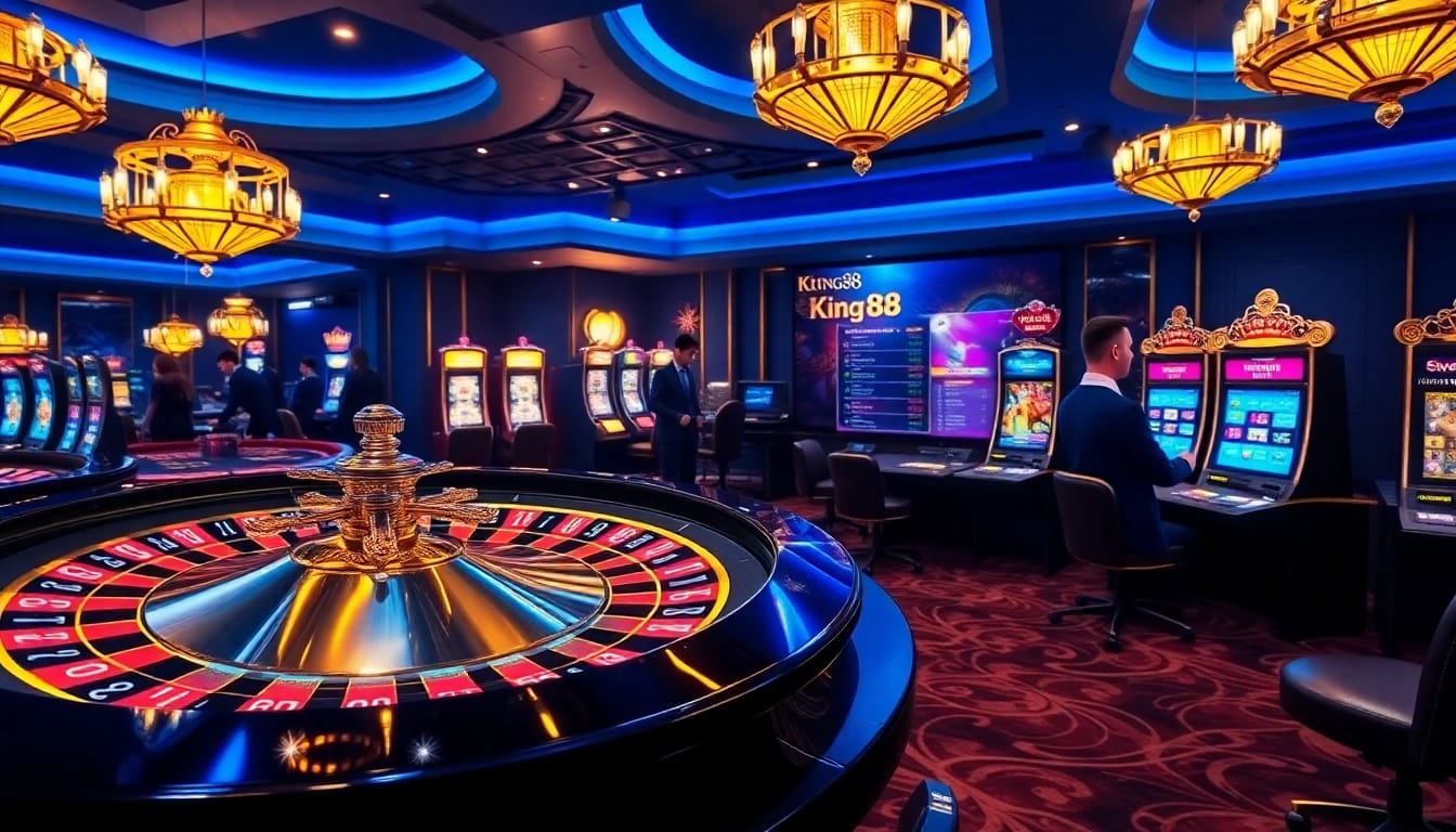 Capture the excitement of betting at King88 with vibrant casino tables and games in a luxurious environment.