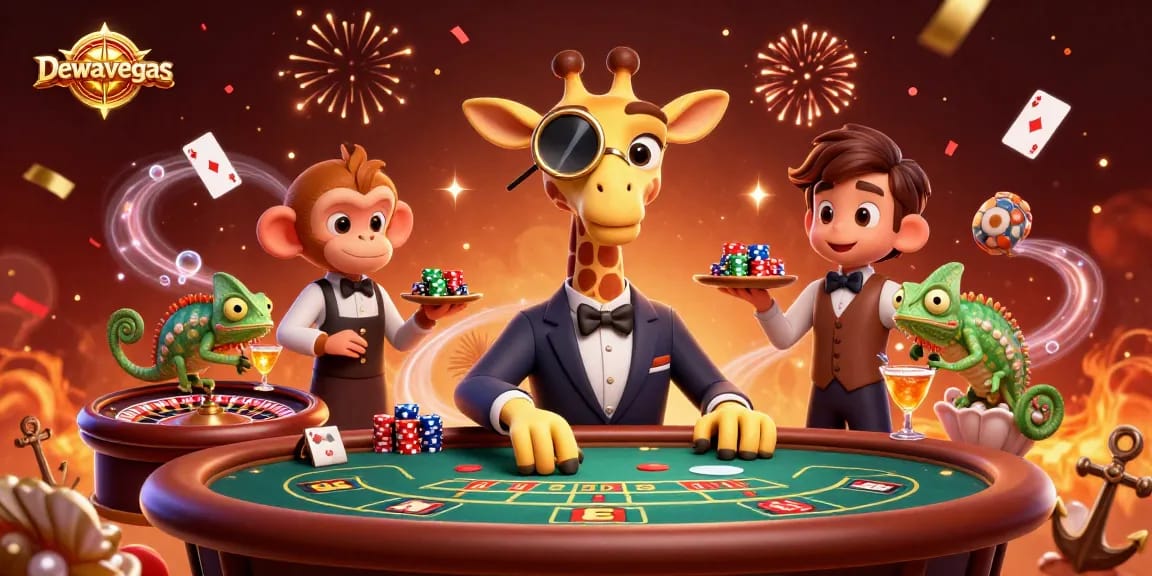 Dewavegas casino scene showcases a giraffe high-roller at a VIP table, surrounded by game-themed elements.