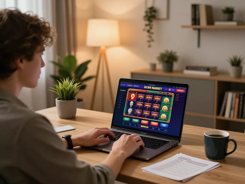 Engaging gameplay on SC88 Market online casino platform featuring various game interfaces in a cozy home setting