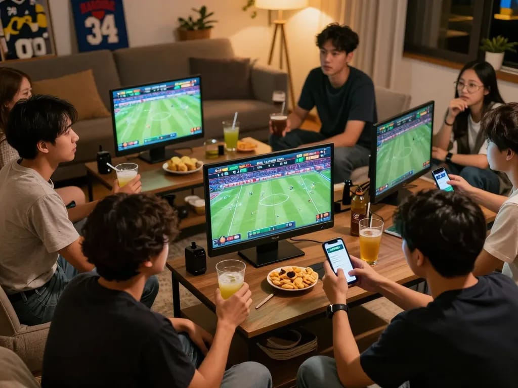 Friends engaging in sports betting action on the go88vn app while watching live games