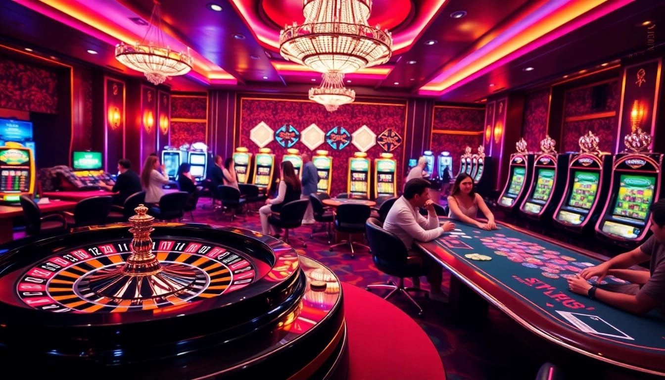 A dynamic casino scene showcasing engaging gameplay at https://debet13.com/ with poker tables, dice, and a roulette wheel.