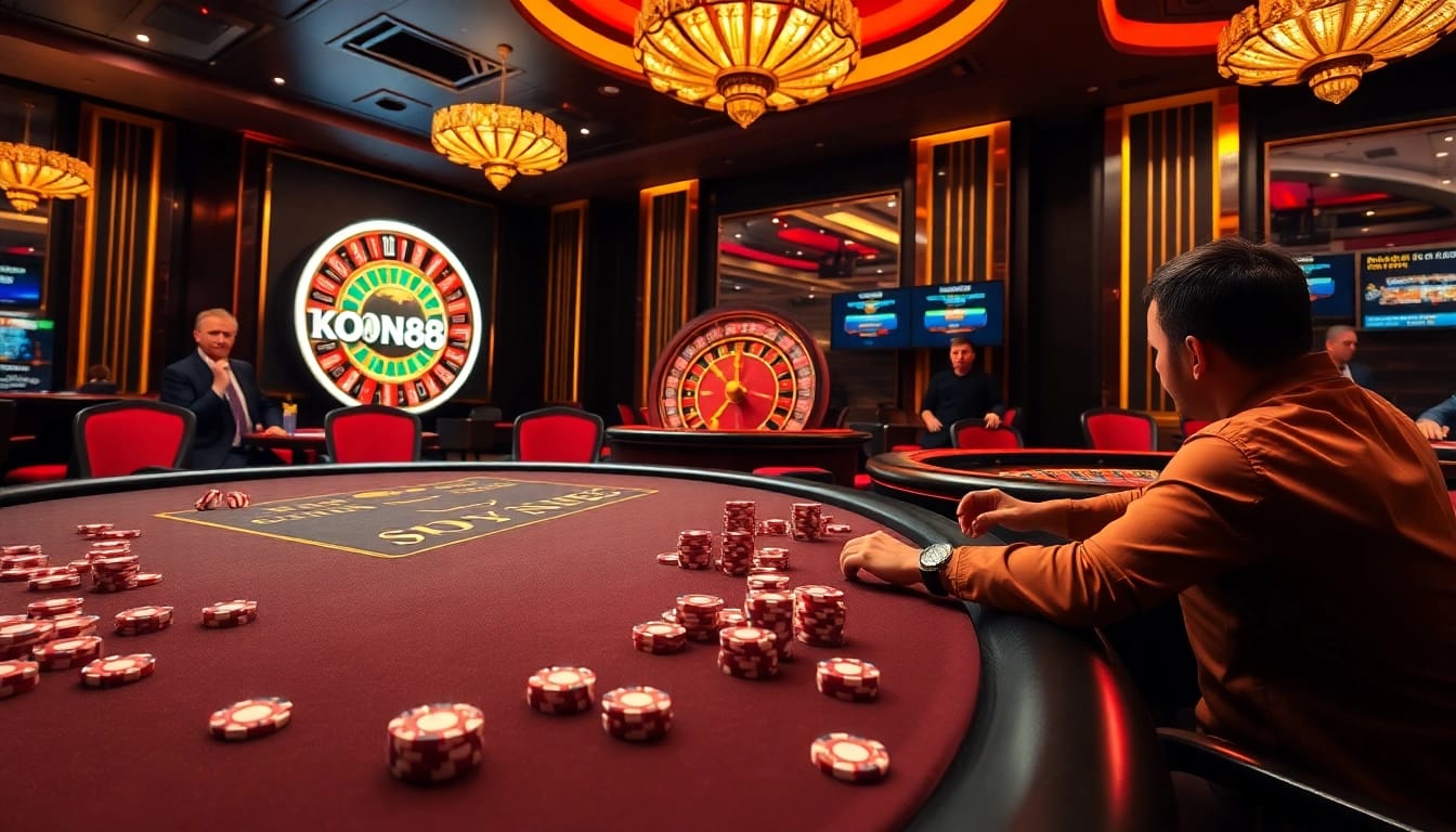 KONG88 casino scene featuring dynamic gaming action, vibrant tables, and thrilling roulette wheel excitement.