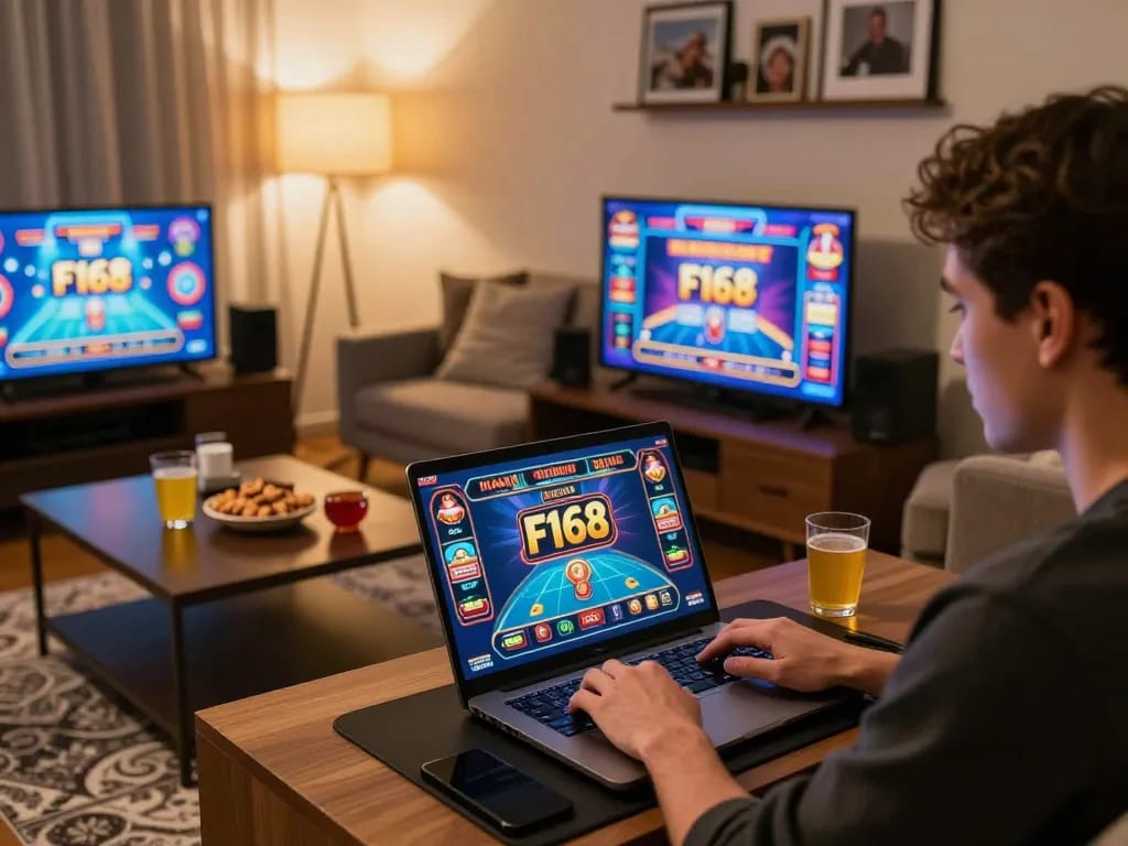 Engaging online gaming experience with f168 logo visible on laptop while player enjoys comfortable home entertainment