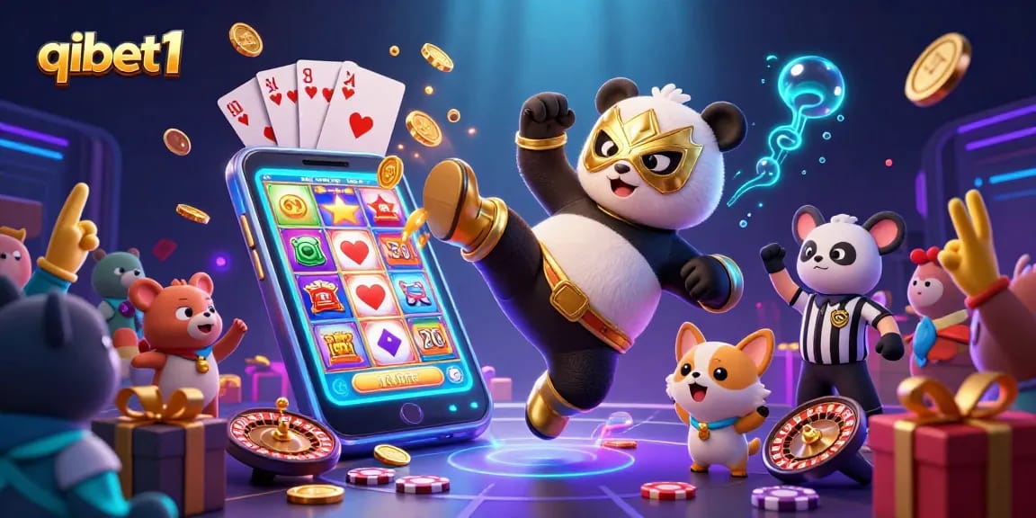 Experience excitement at qibet1 with a wrestling panda and cheering animal crowd amidst dynamic casino elements