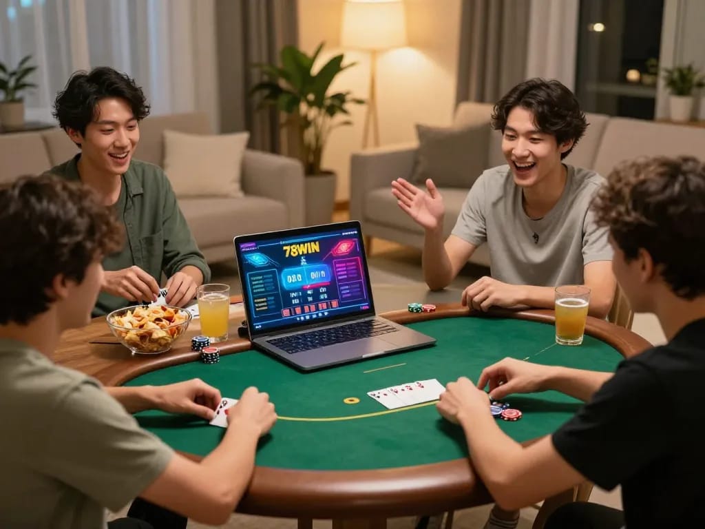 Dynamic online gambling session with a player enjoying 78WIN poker in a cozy home setting.