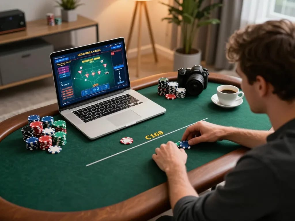 C168 player strategizing in an online poker game session at home.