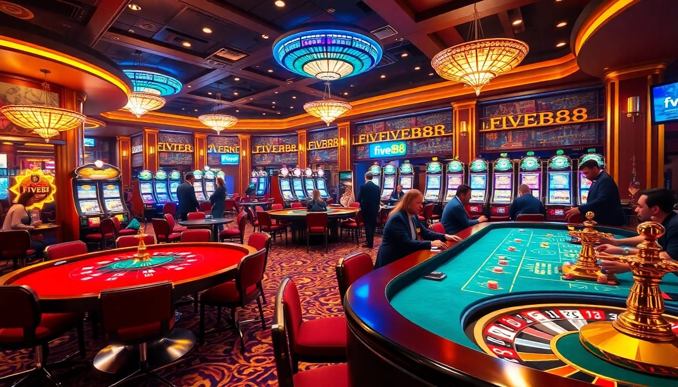 Experience the excitement of five88 in a luxurious casino filled with poker chips and roulette action.