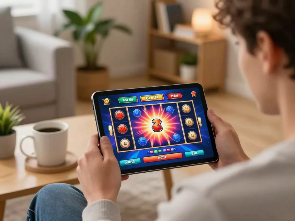 Exciting gameplay on a no hu slot game displayed on a tablet in a cozy home setup.